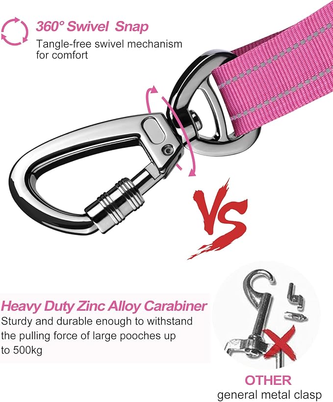 AUBELL Dog Seat Belt for Car,Updated 3-in-1 Adjustable Reflective Bungee Heavy Duty Dog Car Harness Tether with Clip Hook Latch & Buckle,Swivel Zinc Alloy Carabiner,Hotpink