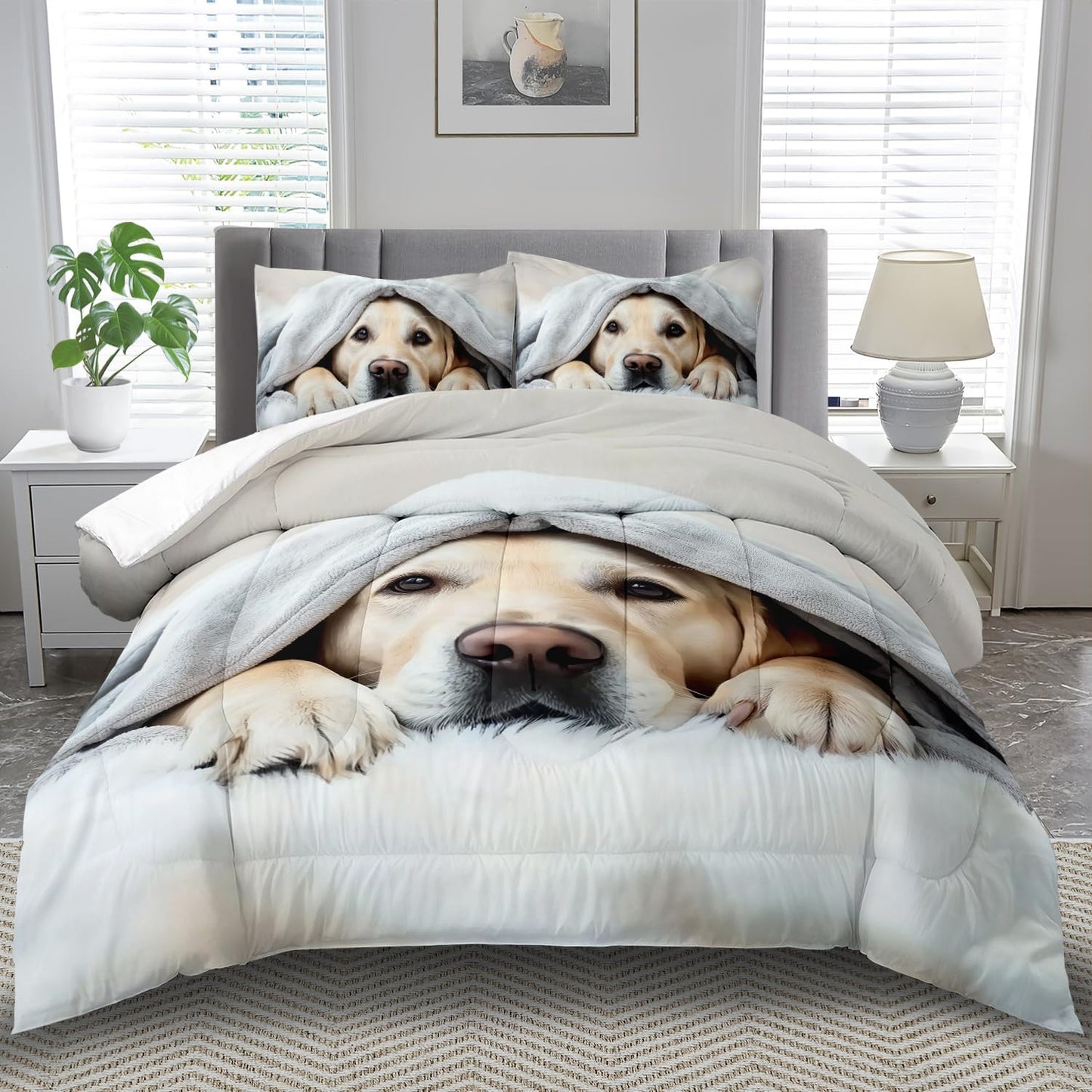 Grey Dog Comforter Set King Size Boy,Kawaii Pet Dog Animal Print Bedding Set for Girl,Cute Pet Puppy Print Comforter Quilt for Boys,Kawaii Animal Puppy Dog Pals Bedding Bedroom Bed Decor