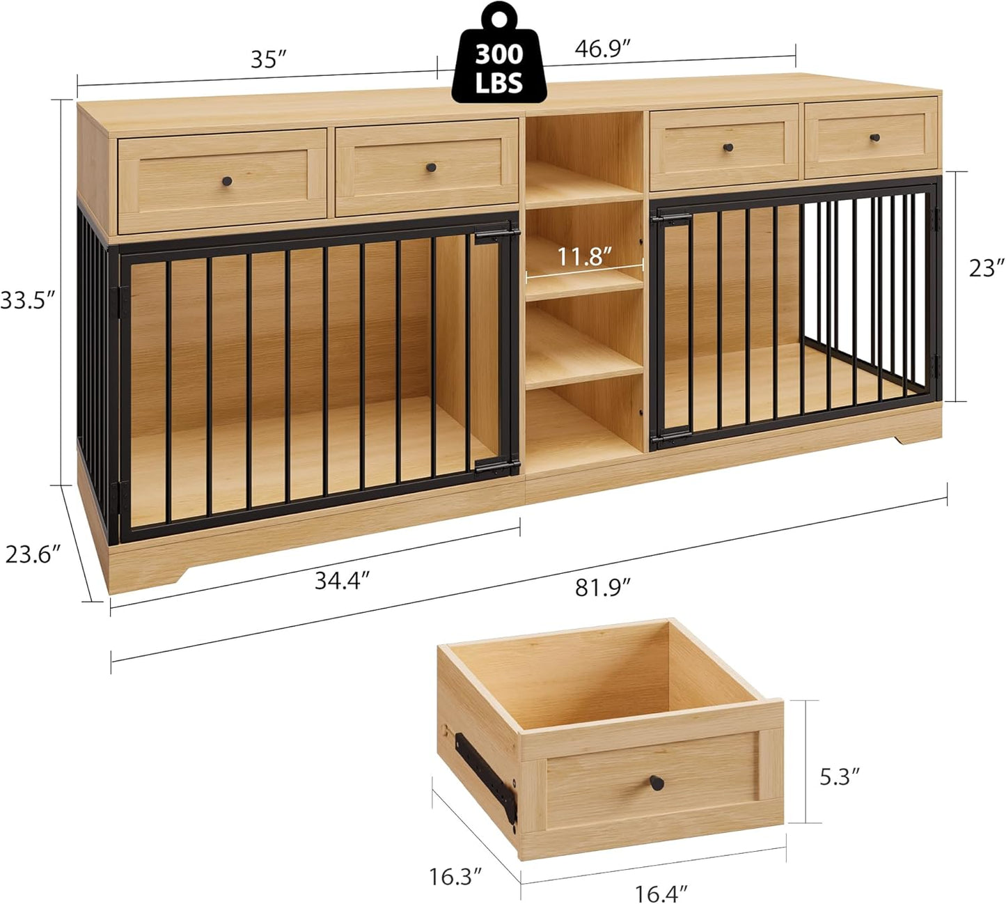 GarveeHome 82" Double Dog Crate Furniture, Large Dog Kennel Indoor for 2 Dogs, Heavy Duty Wooden Dog Crate TV Stand with 4 Drawers and Shelves, Natural