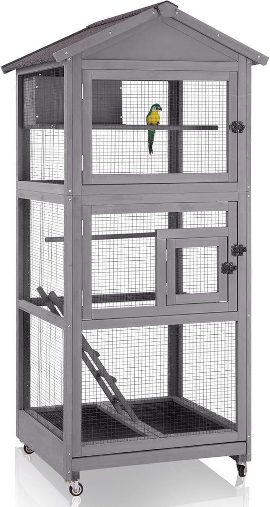 GUTINNEEN Large Bird Cage Outdoor Wooden Aviary Indoor on Wheels, with Play Stand, Perches, Nest Habitat & Wire Mesh Tray for Easy Cleaning