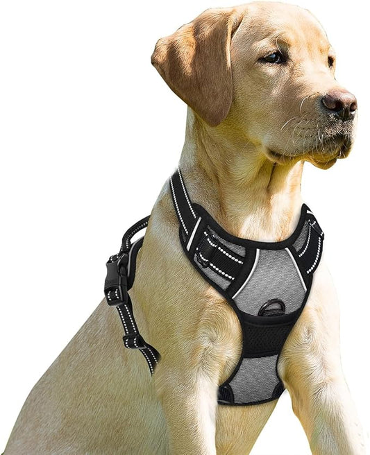 BARKBAY No Pull Dog Harness Front Clip Heavy Duty Reflective Easy Control Handle for Large Dog Walking(Dark Grey,L)
