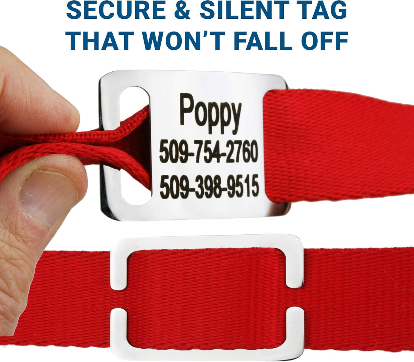 GoTags Personalized Dog Collar with Nameplate, Adjustable Dog Collar with Custom Engraved Slide On Pet ID Tag in Stainless Steel, Silent, No Noise Dog Tag for Large Medium and Small (Red, X-Small)