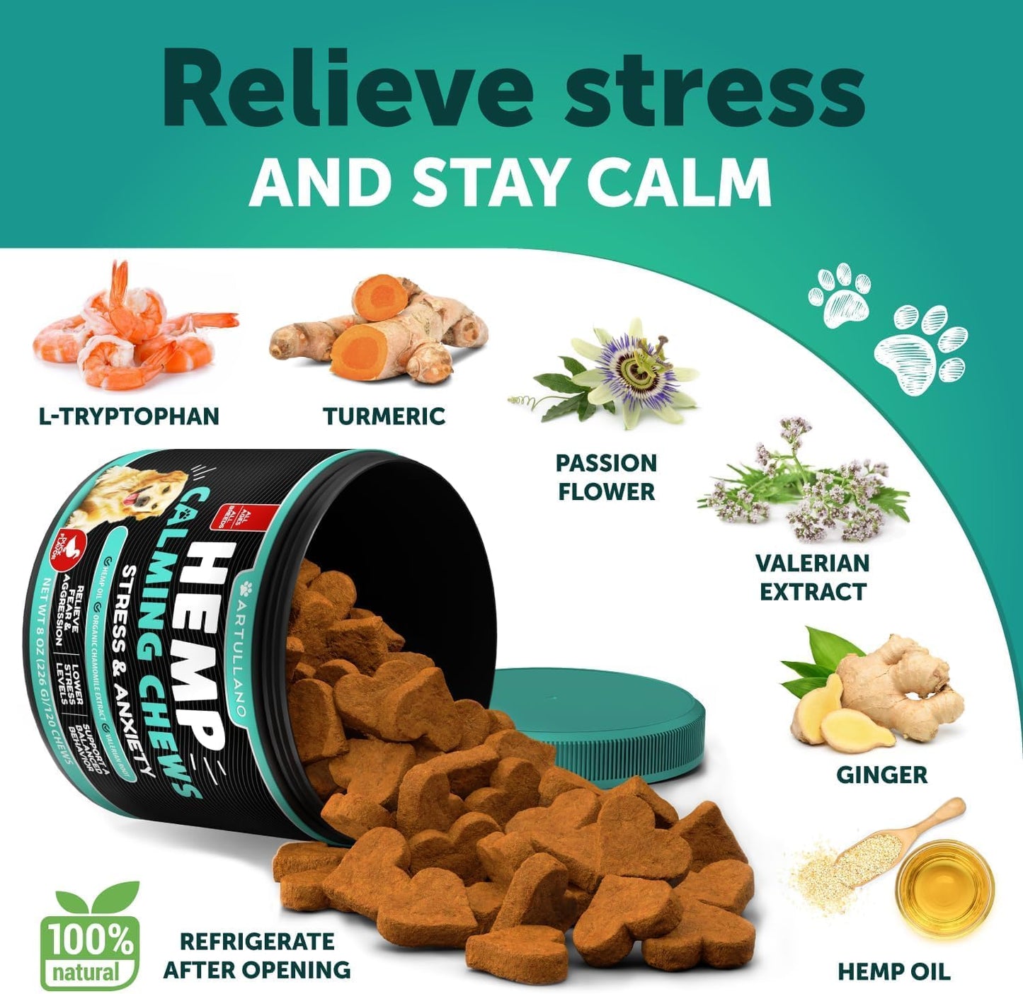 Hemp Calming Chews for Dogs - Dog Calming Chews - Dog Anxiety Relief Treats with Hemp Oil, Turmeric, Valerian, Ginger - Health and Wellness Supplements for Dogs - Hip and Joint Support - 120 Treats