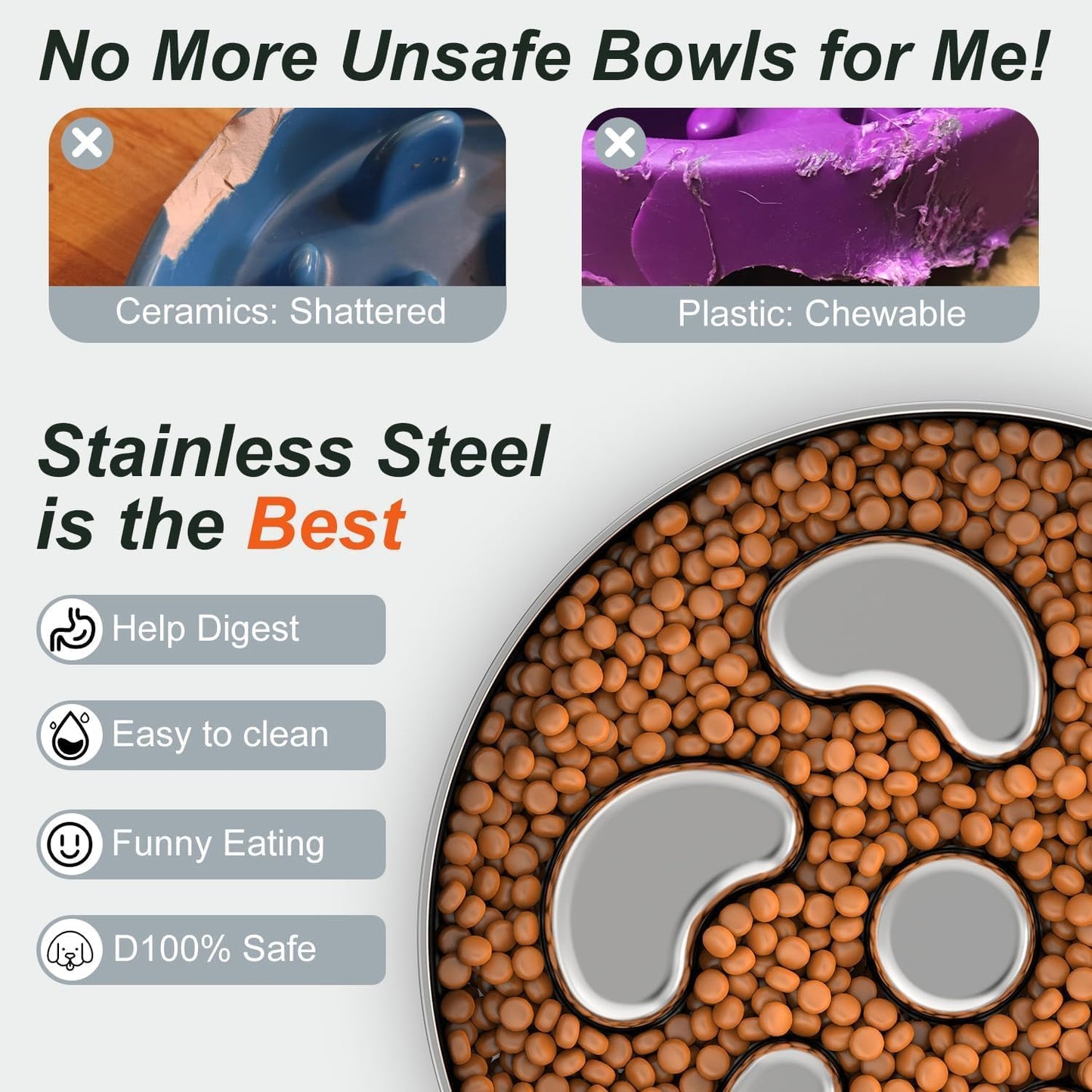 2pcs Slow Feeder Dog Bowls, Double-Layer Stainless Steel, Heavy-Duty with Non-Slip Rubber Base, 2Cups Capacity for Medium Dogs to Slow Down Eating