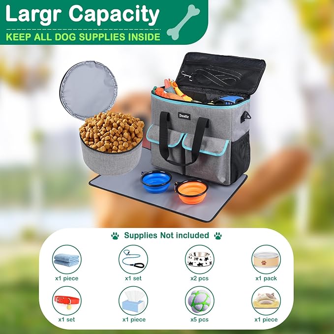 Large Pet Travel Bag Organizer - Dog & Cat Tote with Food Containers, Bowls, Feeding Mat, Perfect for Camping, Hiking (Multi-Pocket Design)