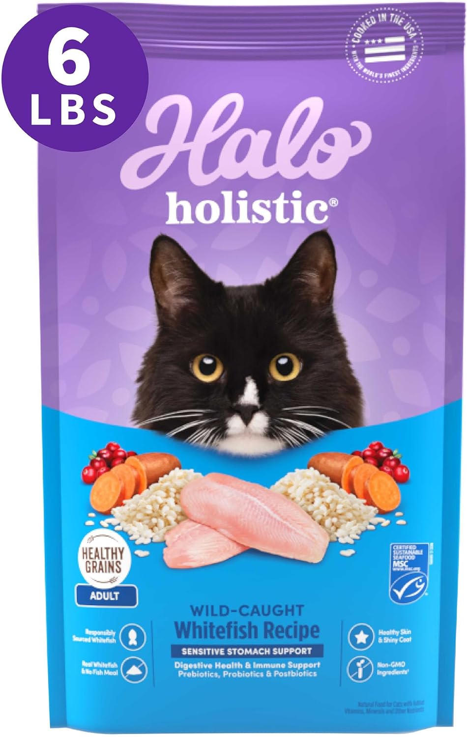 Halo Holistic Cat Food Wild Caught Salmon & Whitefish Formula, Healthy Grains Dry Cat Food, For Sensitive Stomach Support, Kibble for Adult Cats, 6 lb Bag