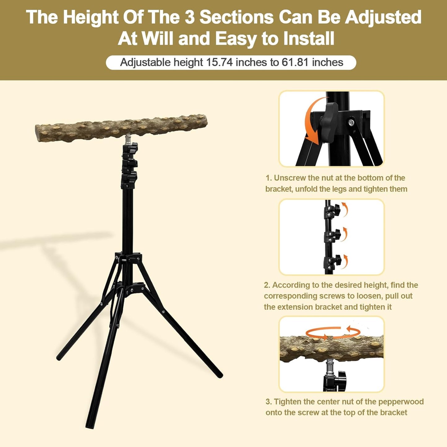 16-63 Inch Height Adjustable Bird Perch Pepper Wood Bird Training Perch Stand Parakeet Perches Indoor and Outdoor Parrot Stands for Small to Medium Bird