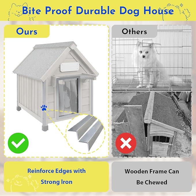 Outdoor Dog House Weatherproof Large Wooden Dog Kennel Indoor for Small Dogs with Chew-Proof Frame, Oxford Fabric Window, Removable Floor Pet Shelter (Grey, 18.1" D x 25.2" W x 24" H)