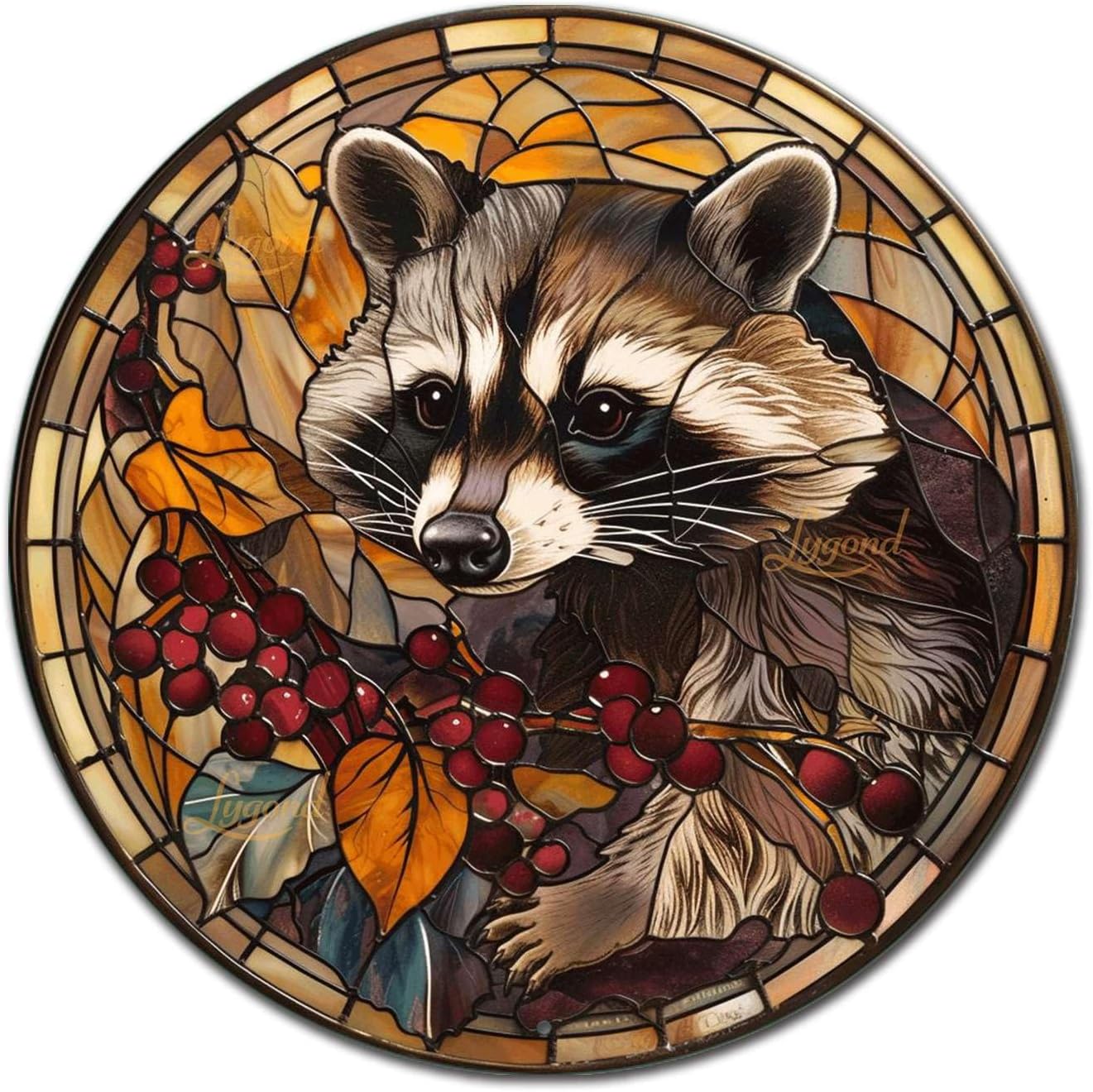 Lygond Metal Sign Tin Sign Circular Stained Glass Raccoon Garden Metal Sign for Pub 12×12 Inches