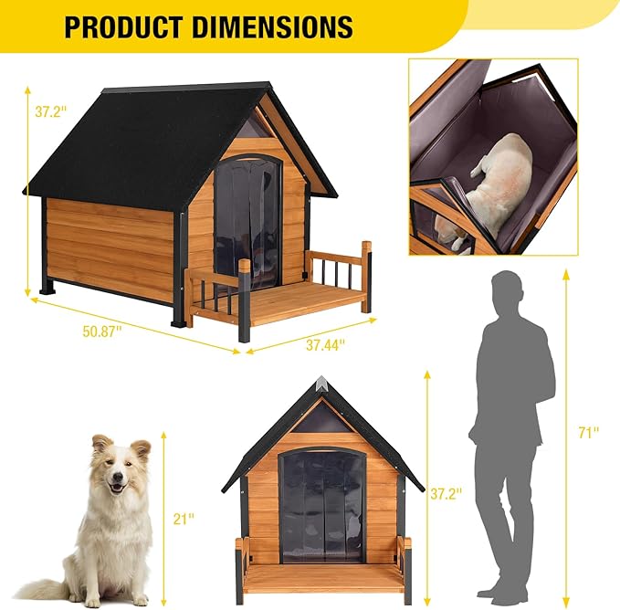Outdoor Dog House with All-Around Insulated Liner Weatherproof Puppy Shelter Indoor Dog Kennel, Anti-Bite Dog Home for Large Breed with Porch (Brown, 50.8" D x 37.4" W x 37.2" H)