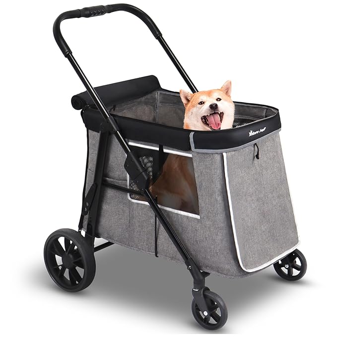 Medium Dog Stroller for Small to Large Dogs 4 Wheels Multi Pet Stroller for 4 Dogs Holds Up to 66lbs, One-Click Folding&Smooth Tires&Sunshade & Storage Basket (Gray, Medium)
