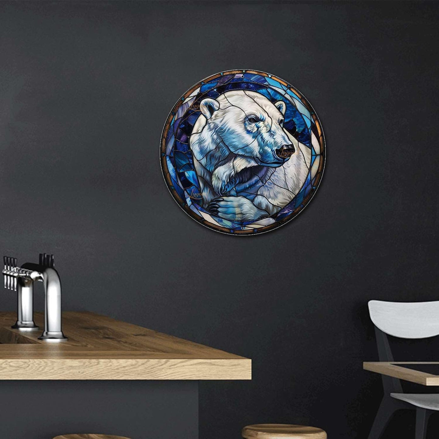 Lygond Metal Sign Tin Sign Circular Stained Glass Polar Bear2 Funny Sign For Garage 8×8 Inches