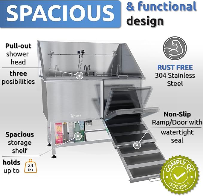 KANIS Professional Dog Washing Station - 304 Stainless Steel Pet Wash Sink & Grooming Bath Tub for Home with Ramp, Shower, Floor Grate, Storage Shelf, Faucet, Drain Kit for Large, Medium & Small Pets