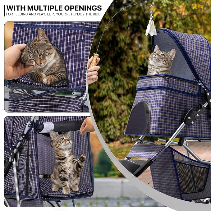 MoNiBloom 3 Wheels Pet Dog Cat Stroller for Small Medium Dogs Cats, Lightweight Foldable Jogger Stroller w/Storage Basket and Cup Holder, Plaid