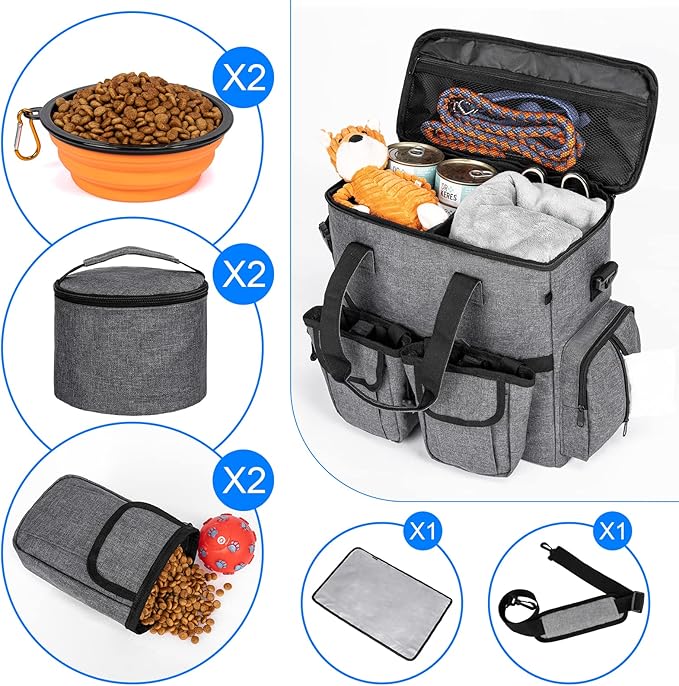 Modoker Dog Travel Bag Backpack, Airline Approved Pet Accessories Organizer for Dog and Cat with Shoulder Strap, 2 Dog Food Storage Containers, 2 Collapsible Dog Bowls,1 Pet Mat, Rose Red