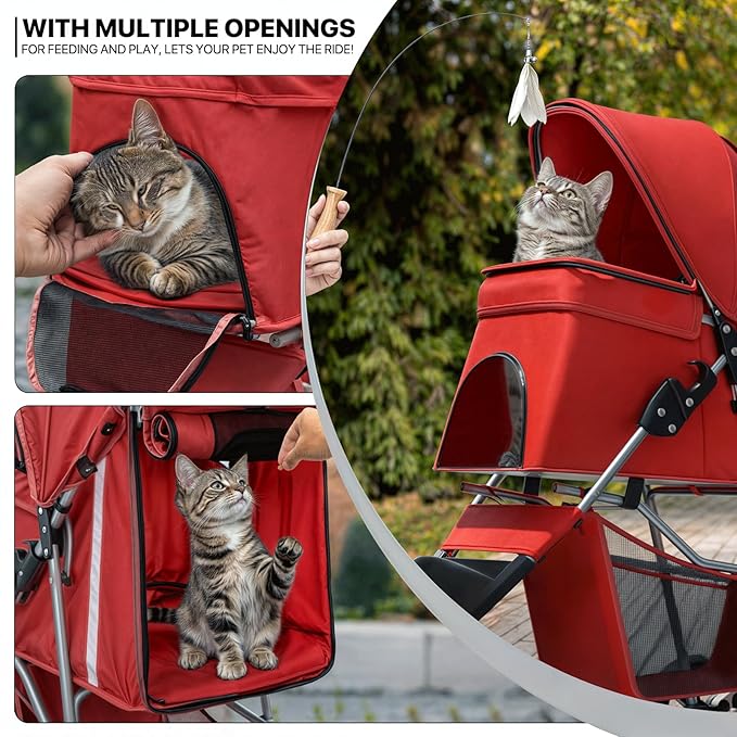 MoNiBloom 3 Wheels Pet Stroller, Foldable Puppy Cage Jogger Stroller with Weather Cover for All-Season, Storage Basket and Cup Holder, Breathable and Visible Mesh for Small/Medium Pets, Red