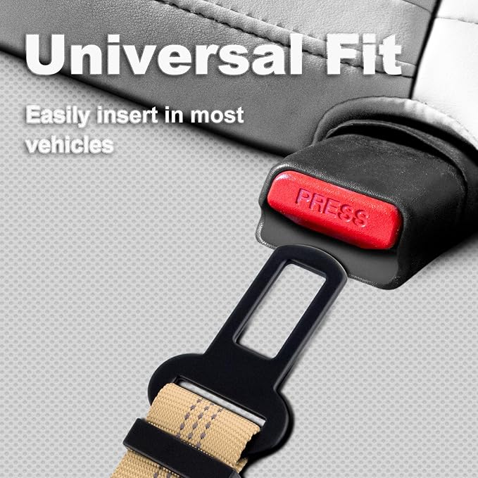 Plutus Pet Dog Seat Belt for Car, Adjustable Dog Car Harness with Carabiner Clip, Reflective Safety Dog Seatbelt Leash with Elastic Bungee, Beige