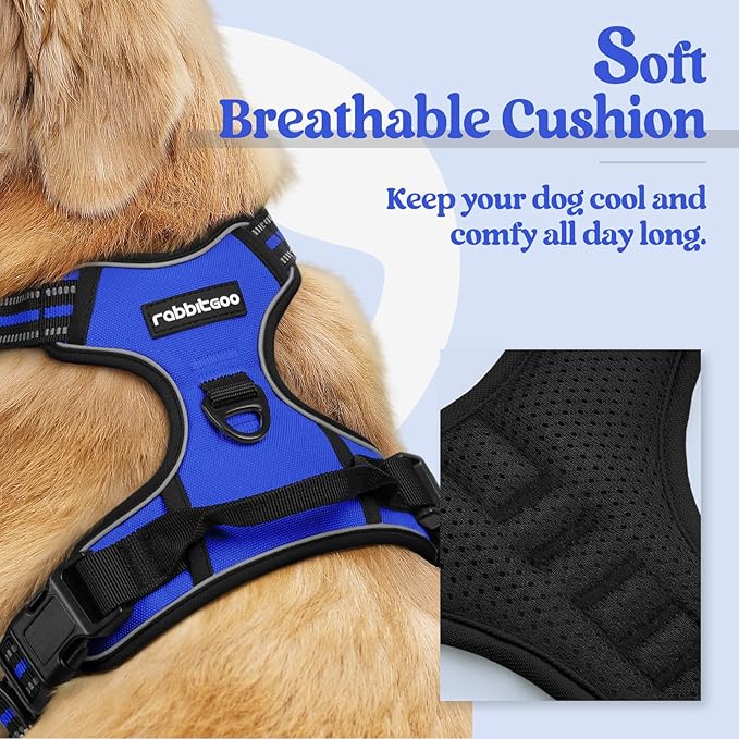 rabbitgoo Dog Harness No Pull with 2 Leash Clips, Adjustable Soft Padded, Reflective Oxford No Choke Pet Vest with Easy Control Handle for Large Dogs, Dazzling Blue, XL