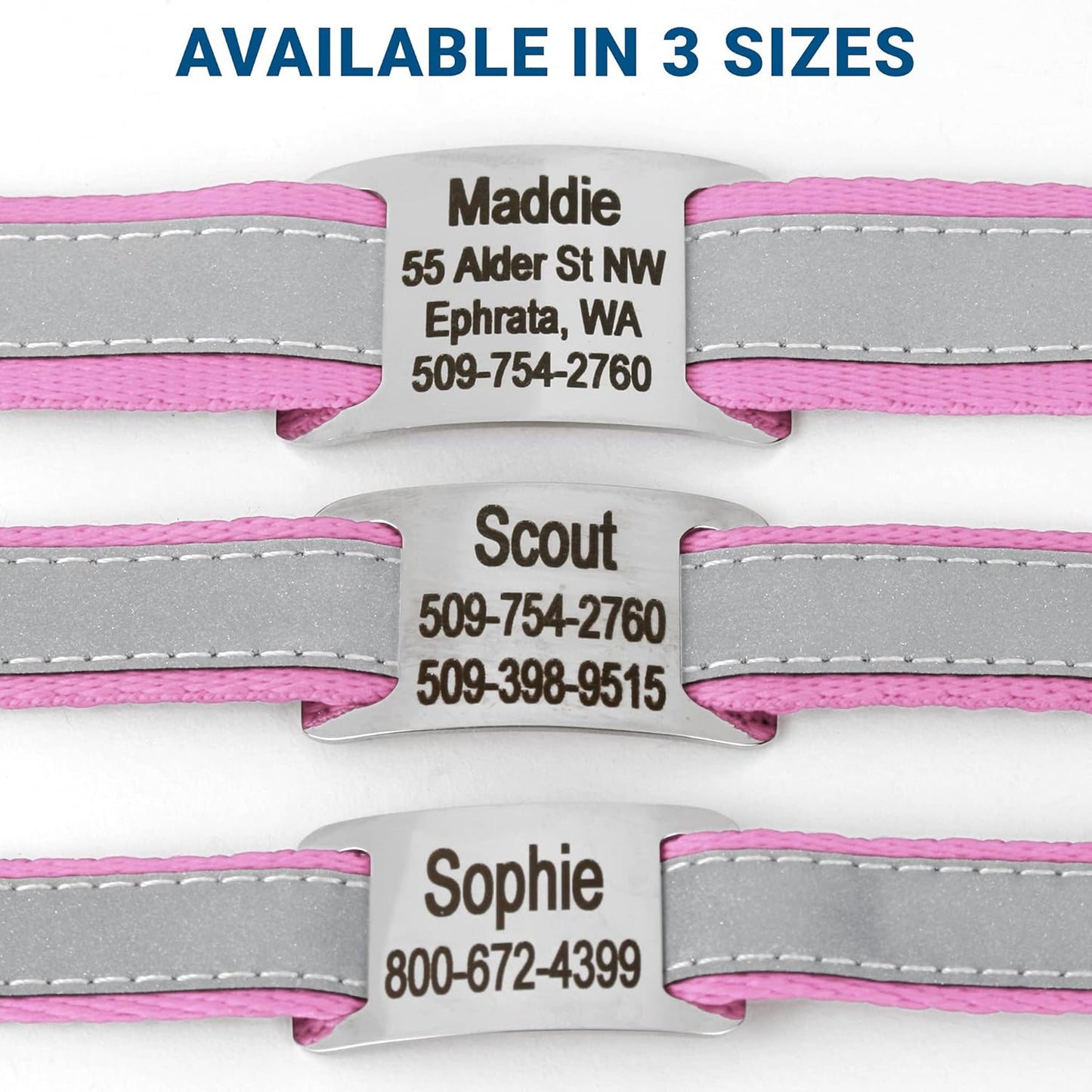 GoTags Reflective Personalized Dog Collar with Nameplate, Adjustable Dog Collar with Custom Engraved Steel Slide On Pet ID Tag, Silent, No Noise Dog Tag for Large Medium or Small (Pink, Small)