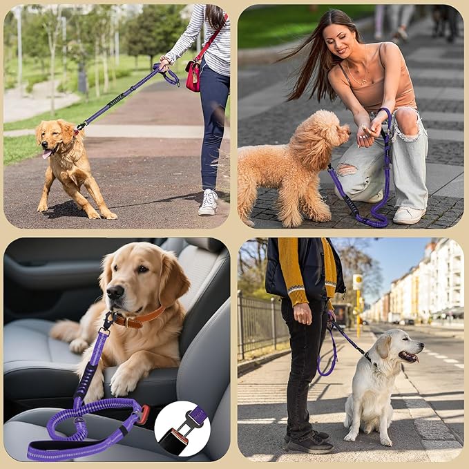 Heavy Duty Bungee Dog Leashes, 4-6FT Shock Absorbing Tactical Dog Leash with 2 Padded Handles, Metal Carabiner Clip,Car Seatbelt, Reflective Dog Leash for Medium Large Dogs (Purple)