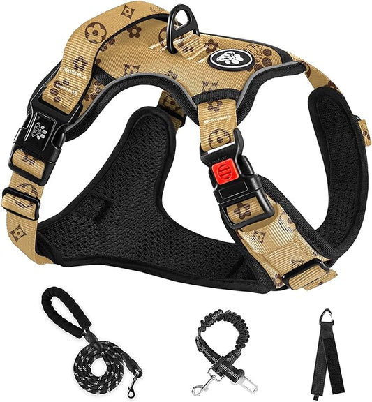 NESTROAD No Pull Dog Harness,Adjustable Oxford Dog Vest Harness with Leash,Reflective No-Choke Pet Harness with Easy Control Soft Handle for Large Dogs(X-Large,Light Brown)