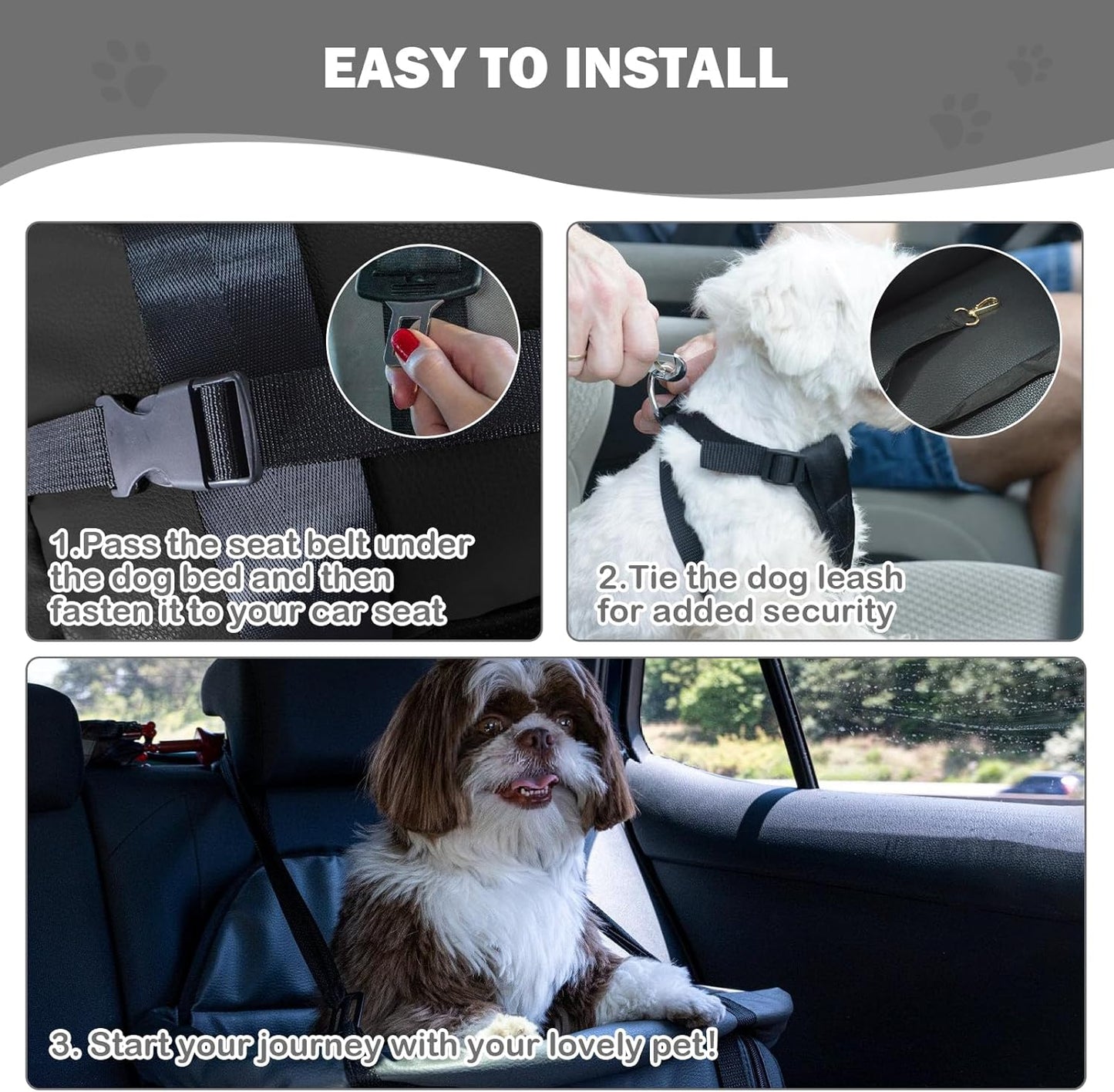 2 and 1 Center Console Dog Car Seat & Carrier for Small Dogs, Large Leather Dog Car Bed with Storage Pocket, Waterproof PVC Leather Seat Travel Bed for Front & Back Seat, Clip-On Safety Leash