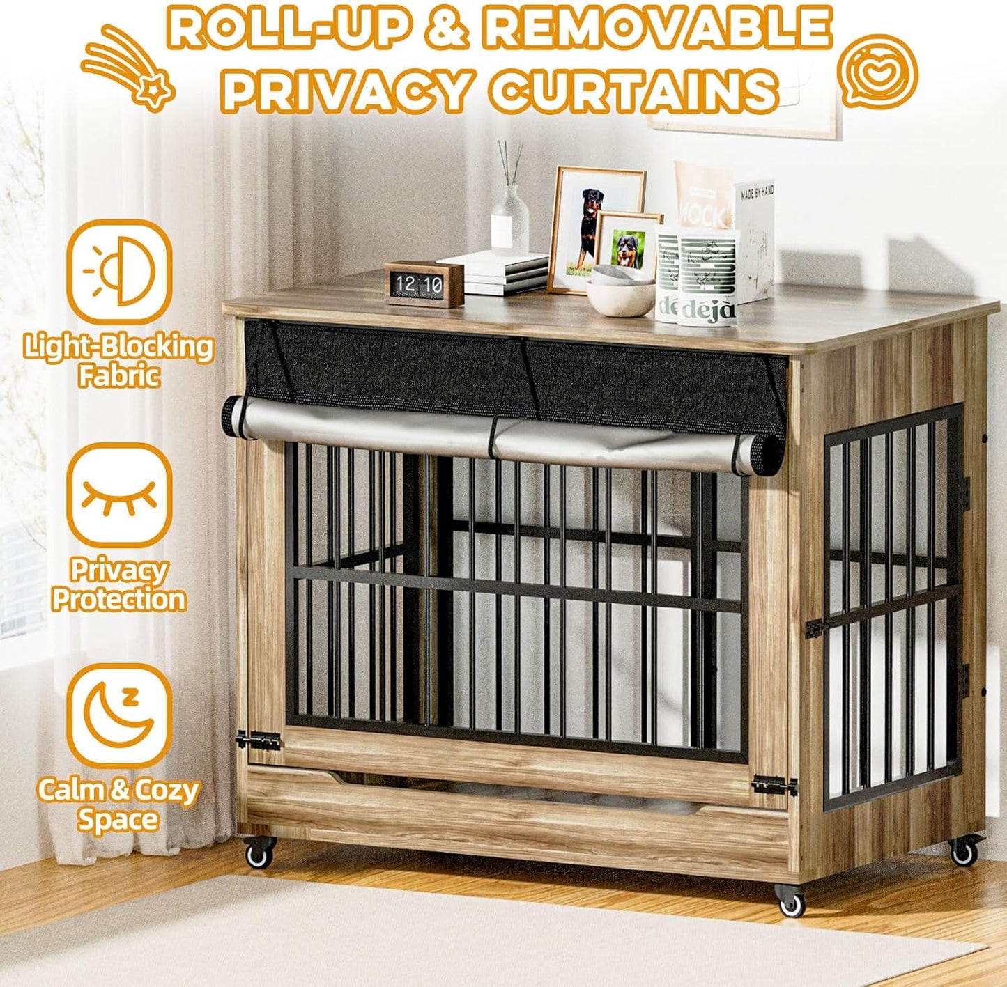 46" Large Dog Crate Furniture, Double Door Wooden Indoor Dog Kennel Furniture, Decorative Pet Cage End Table with Wheels for Extra Large Breed Dogs, Size 2XL, Rustic Brown