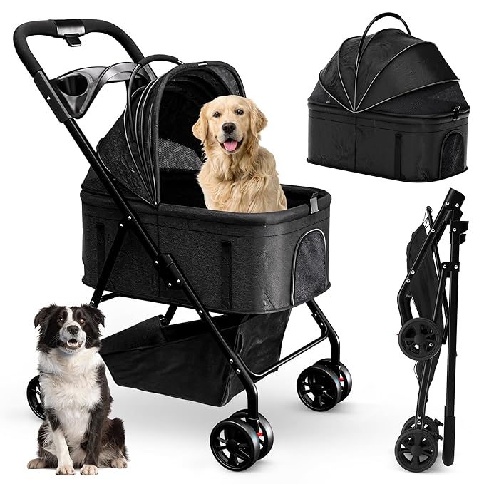 Pet Stroller 3 in 1 Foldable Dog Stroller, Cat Strollers, Foldable pet Strollers & Cat Carrier, Pet Carrier, Lightweight with Cup Holder, Waterproof Max Load 66 lbs, Breathable Mesh Canopy