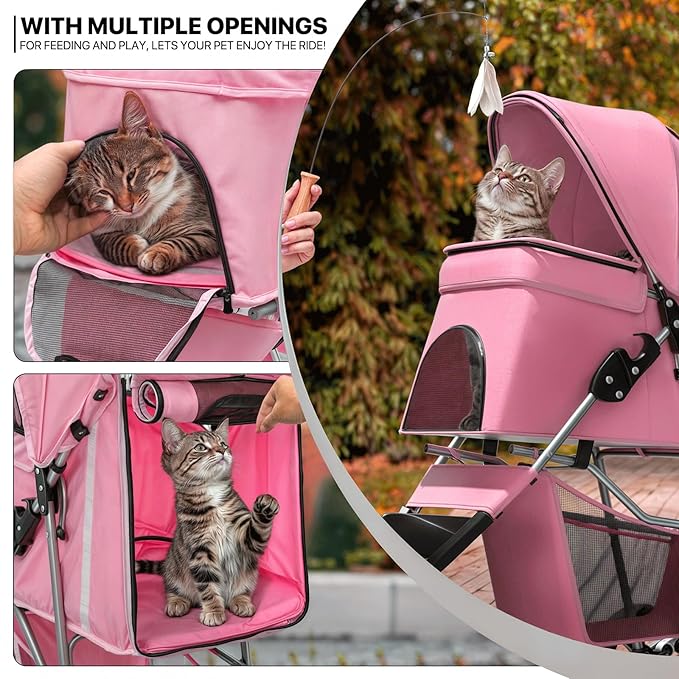 MoNiBloom 3-Wheels Foldable Pet Stroller with Waterproof Cover, Pet Strolling Cart for Small/Medium Dogs and Cats with Storage Basket and Cup Holder, Breathable and Visible Mesh for All-Season, Pink