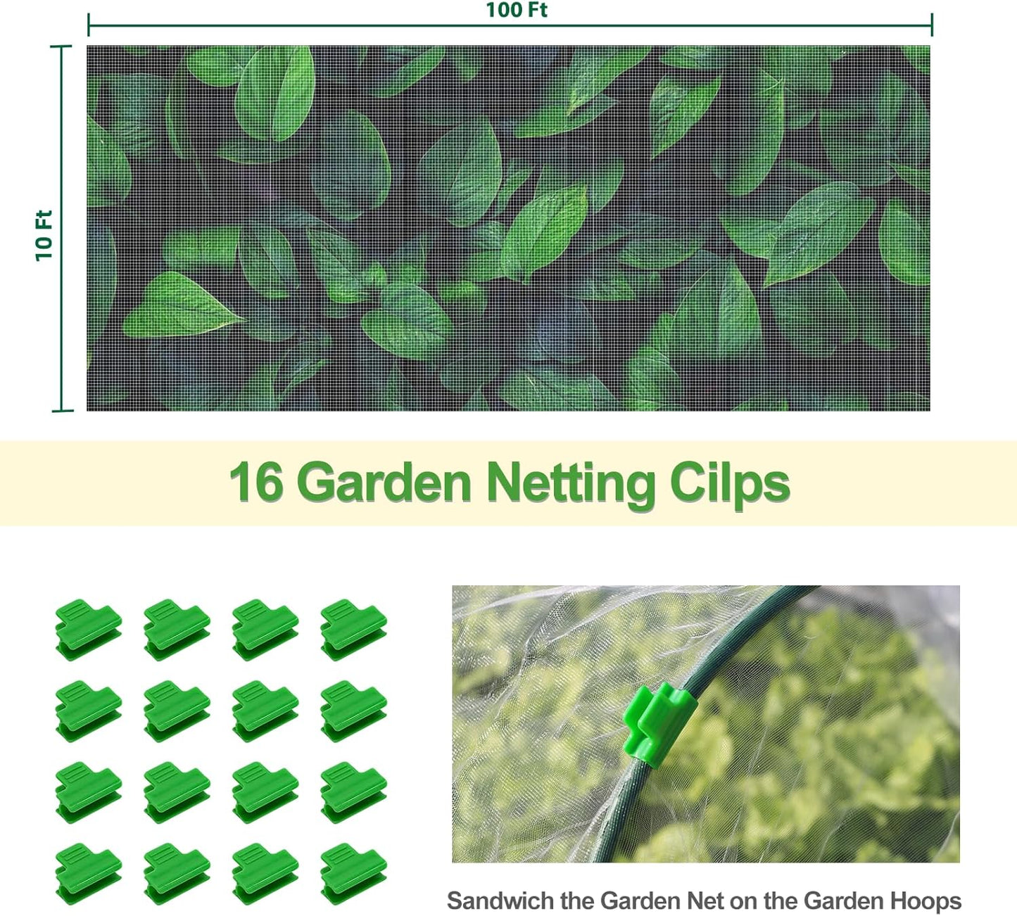Garden Netting Mesh, 10X100 FT Garden Netting with 16 Cilps & Ultra Fine Mesh Net Bird Barrier Protection for Garden Vegetables Flowers Shrubs Fruit Trees Indoors & Outdoors Plant Beds Greenhouse