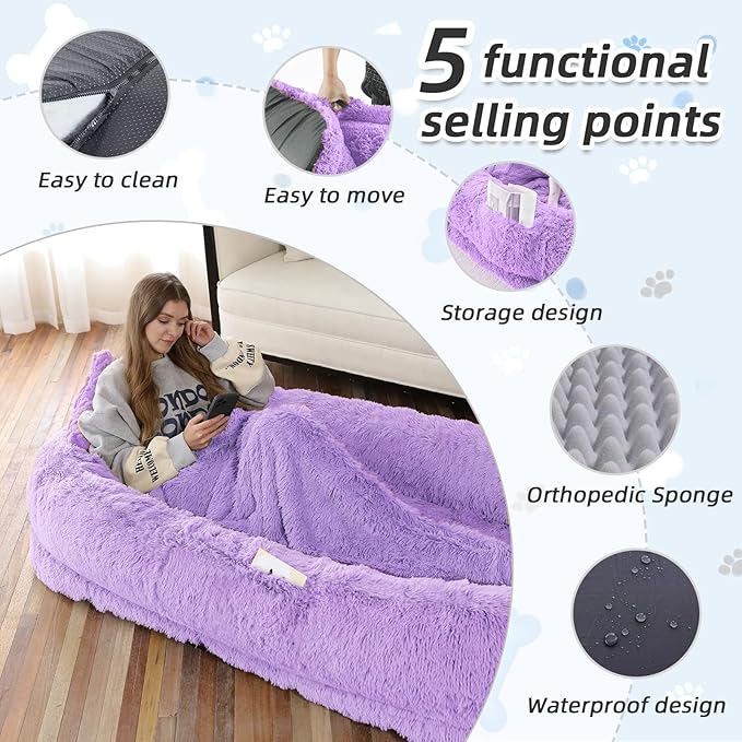 Human Dog Bed, 71''x45''x12'' Size Fits You and Pets, Washable Faux Fur Pet Bed for People Doze Off, Napping Orthopedic Dog Bed, Present Plump Pillow, Blanket, Strap - Purple