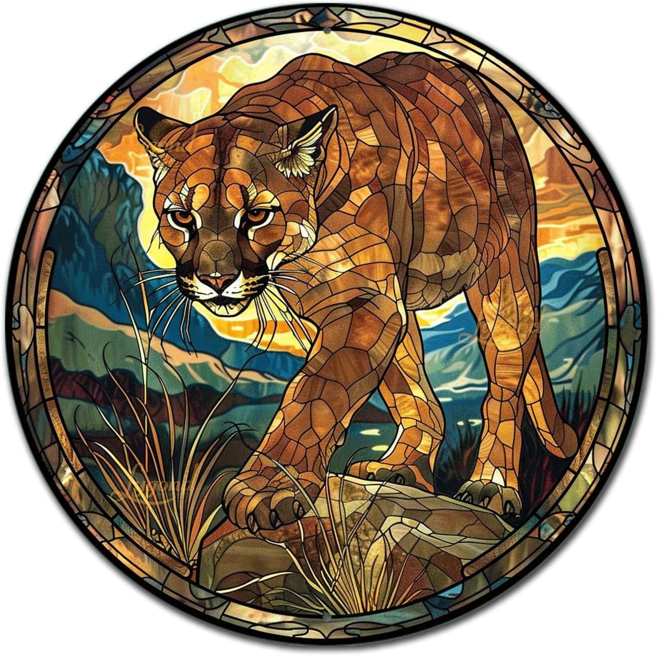 Lygond Metal Sign Tin Sign Circular Stained Glass Mountain Lion Gardening Sign for Garden 8×8 Inches