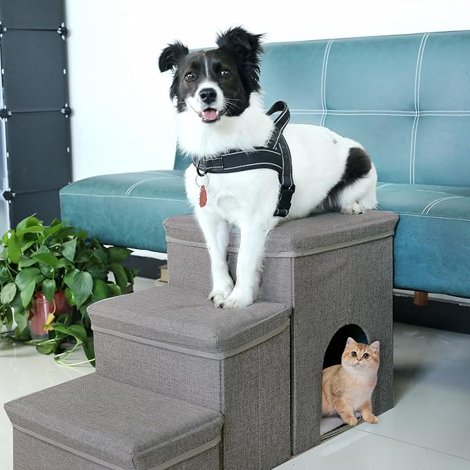 Dog Stairs with Storage Dog Steps for High Beds 3-Step Pet Stairs Ramp with Storage Box and Condo for Small Dogs Cats Pets