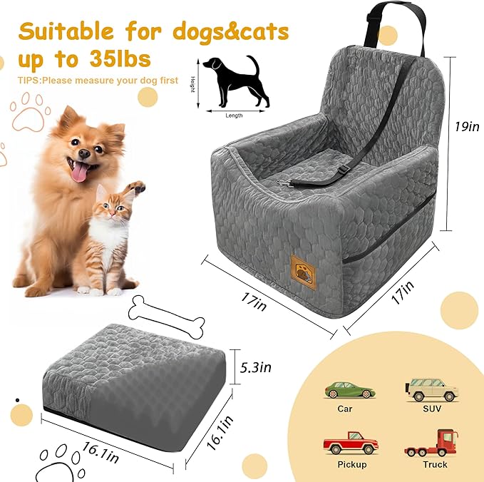 Dog Car Seat for Small/Medium Dogs, Memory Foam Dog Booster Seat, Travel Safety Per Car Seat with Washable Removable Cover, Storage Pockets for Dogs up to 35 lbs(Gray)