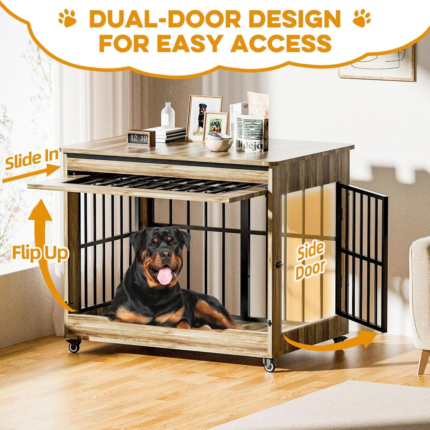 46" Large Dog Crate Furniture, Double Door Wooden Indoor Dog Kennel Furniture, Decorative Pet Cage End Table with Wheels for Extra Large Breed Dogs, Size 2XL, Rustic Brown