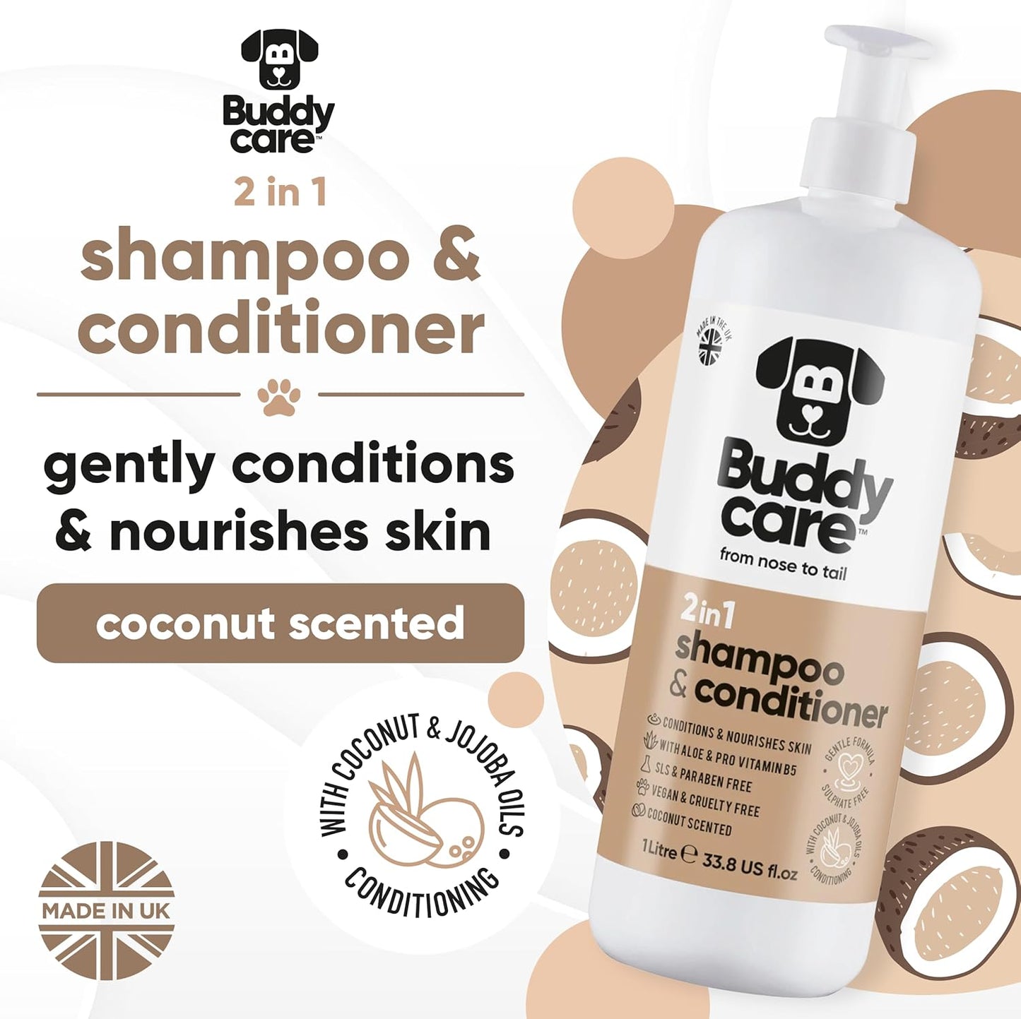 2in1 Dog Shampoo & Conditioner by Buddycare | Coconut Scented | with Aloe Vera and Pro Vitamin B5 (33.8oz)