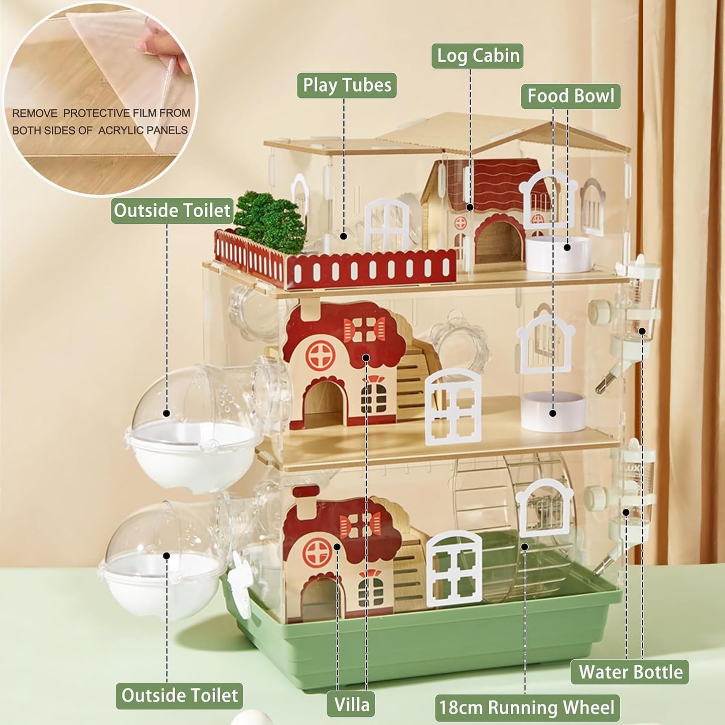 17 in 1 Clear Acrylic Hamster Cage with All Accessories,13.5''L* 10''W* 21''H Dwarf Hamster Cage,Magnetic Connection Small Hamster Enclosure,Garden Style Wooden Pet Mouse Cage for Pet Mice(3-Layer)