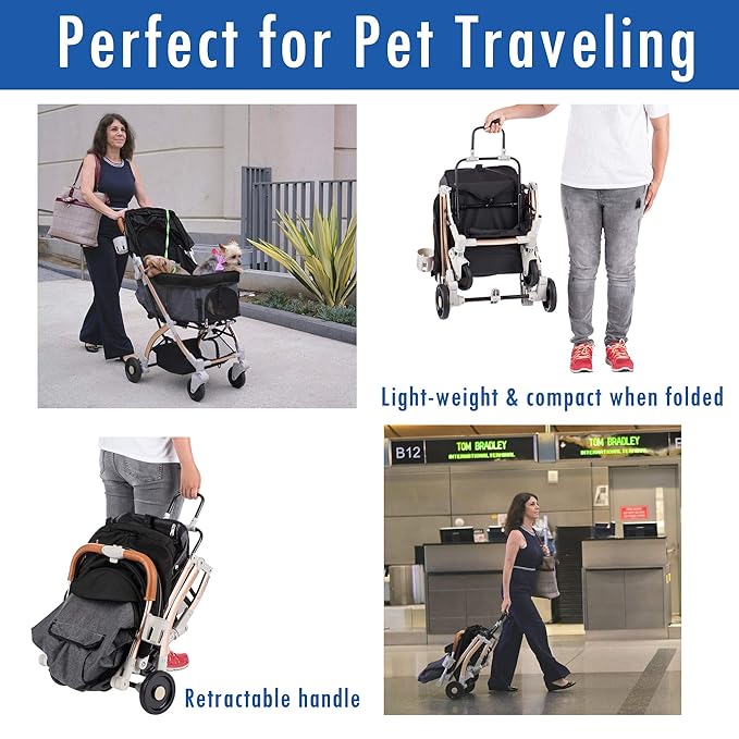 Lite Premium Light-Weight Dog/Cat/Pet Stroller Travel Carriage with Convertible Compartment/Zipper-Less Entry/1-Hand Quick Fold/Aluminum Frame for Small & Medium Pets (Black 2nd-Gen.)