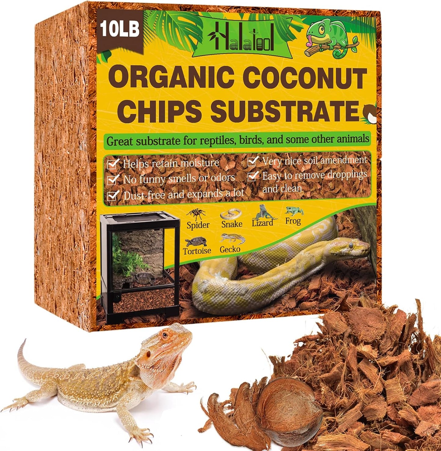 Halatool 10LB Coconut Chips Substrate for Reptiles 72QT Natural Coco Husk Snake Bedding for Ball Python Coco Coir Chip Terrarium Substrate for Tortoise Frog Gecko Hermit Crab Hamster