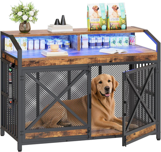 HOOBRO 43.3" Dog Crate Furniture, Heavy Duty Dog Kennel Indoor with Storage Shelves, Wooden Dog Cage with LED Lights, for Medium Large Breed, Rustic Brown and Black BF89DGW03