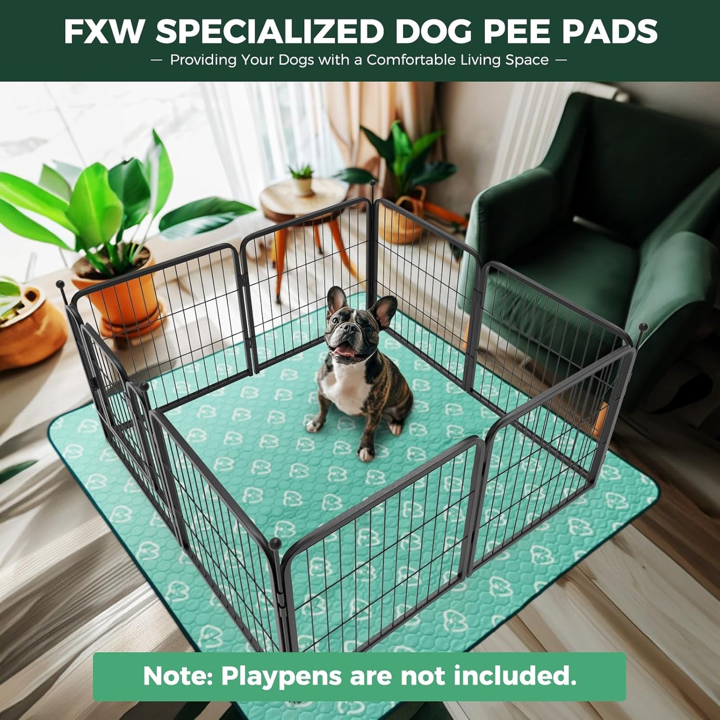 FXW Washable Pee Pads for Dogs, Puppy Pads with Super Absorbent, Specifically Designed for FXW Rollick/Homeplus 24inch 8 Panels Dog Playpen, 63" Square, Green, 1 Pack