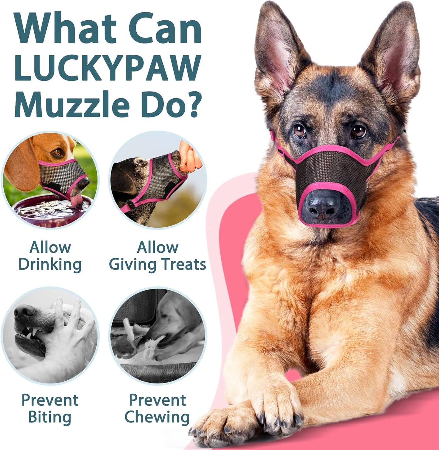 LUCKYPAW Dog Muzzle, Mesh Muzzle for Large Medium Small Dogs, Soft Mouth Guard for Biting Chewing, Breathable Mouth Guard with Adjustable Strap for Training(Hot Pink, XS(Snout:6.5"-7.5"))