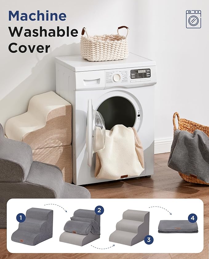 Gray Curved Dog Stairs Ramp for High Beds 22.8" H, 4-Step Dog Steps for Small Dogs and Cats, Pet Stairs for High Bed Climbing, Non-Slip Balanced Pet Step