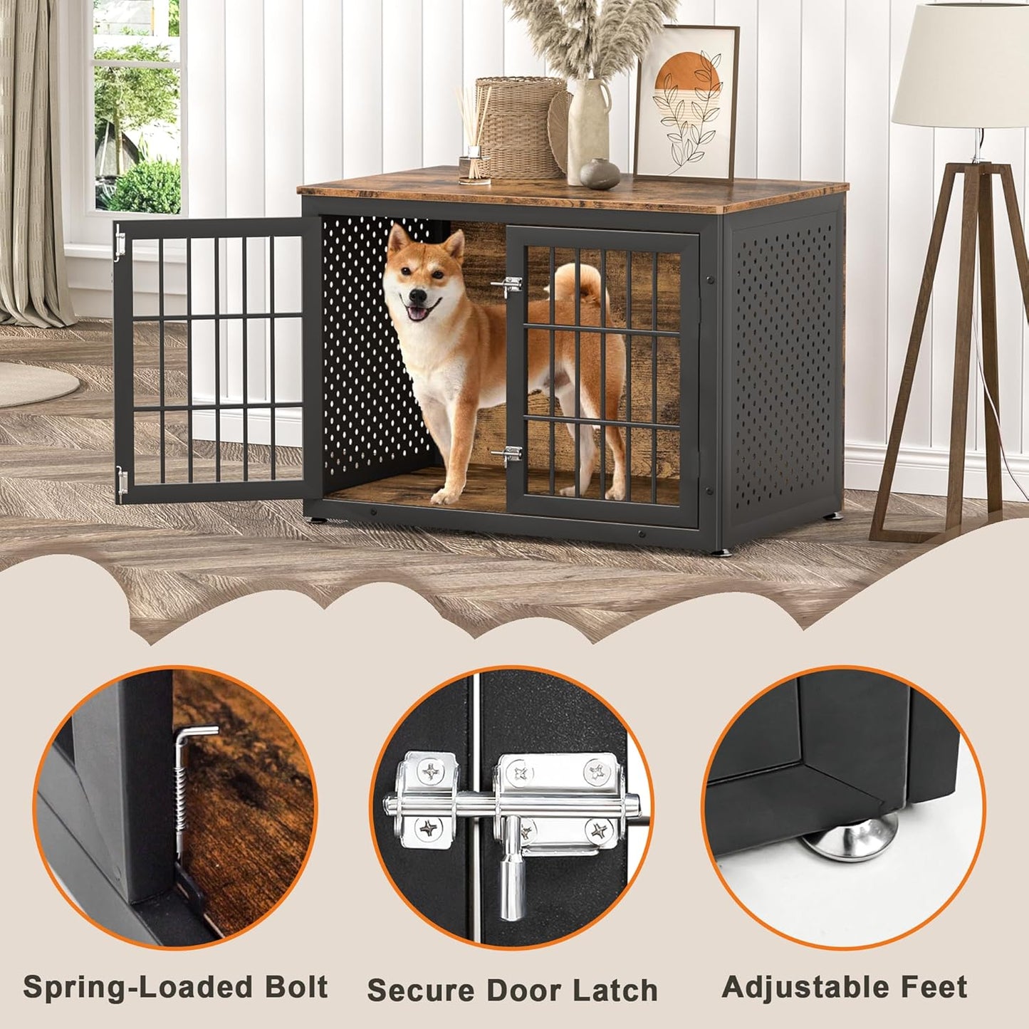 38" Heavy Duty Dog Crate Furniture for Large and Medium Dogs,Wooden Metal Kennel for High Anxiety Dogs, Chew Proof Pet Cage Indoor, Decorative Dog Kennel End Table