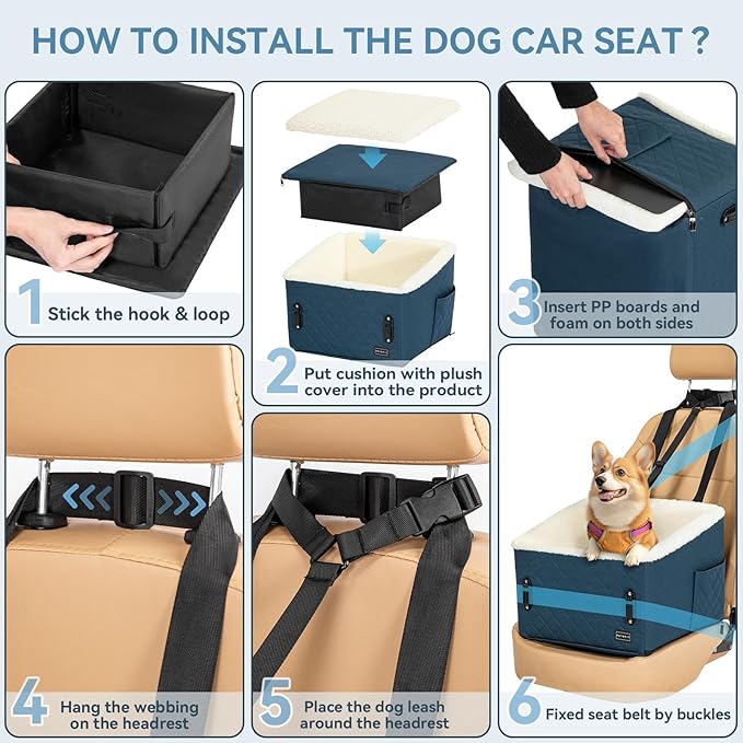 PETSFIT Pet Car Seat for Small Dogs, Soft Foam Dog Booster Car Seat with Patented Safety Buckles, Storage Pockets and Detachable Clip-On Safety Leash, Dog Carseat for Small Dogs Under 30 LBS (Blue)
