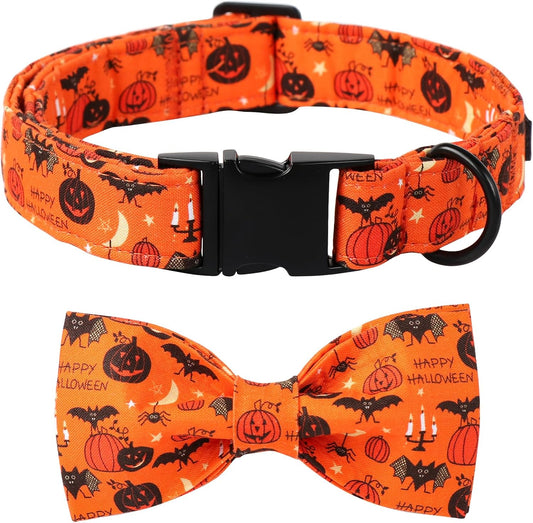 Lionet Paws Fall Halloween Dog Collar, Cute Bat Pumpkin Dog Collar for Large Dogs, Adjustable Cotton Orange Pet Collars for Medium Large Dogs