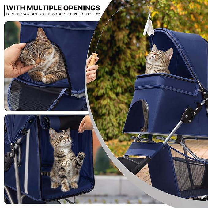 MoNiBloom 3 Wheels Pet Stroller, Foldable Dog Cat Cage Jogger Stroller with Weather Cover for All-Season, Storage Basket and Cup Holder, Breathable and Visible Mesh for Small/Medium Pets, Blue