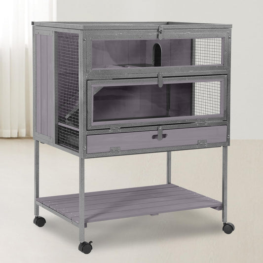 GUTINNEEN Guinea Pig Cage for Small Animals, Hamster Cage with Metal Iron Frame & Chew-Proof Aluminum Edges, 2-Story Small Animal Cage with Leak-Proof Tray, Hideout, and Storage Shelf, Black