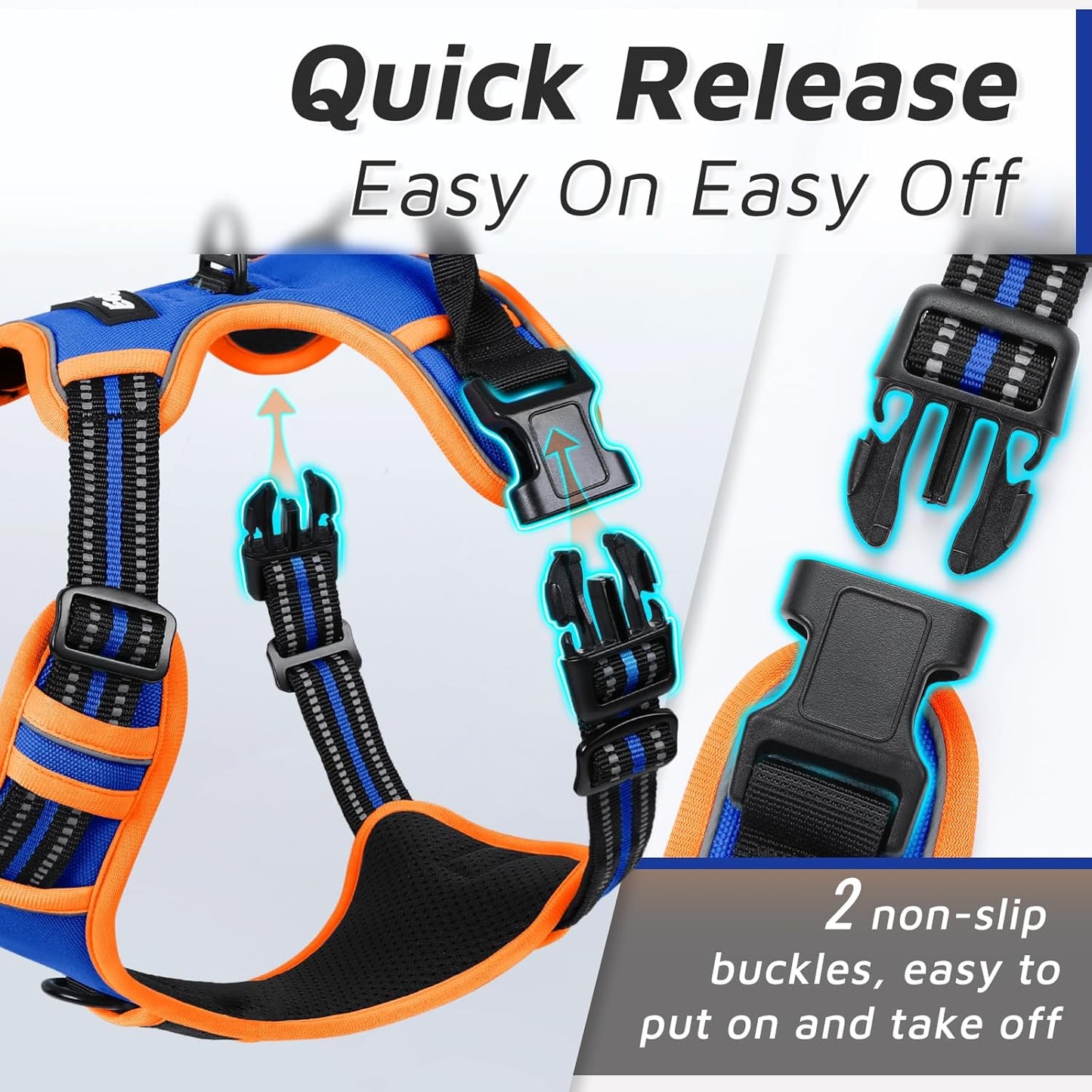 Eagloo Dog Harness for Large Dogs, No Pull Service Vest with Reflective Strips and Control Handle, Adjustable and Comfortable for Walking, No Choke Pet Harness with 2 Metal Rings, Blue & Orange, XL