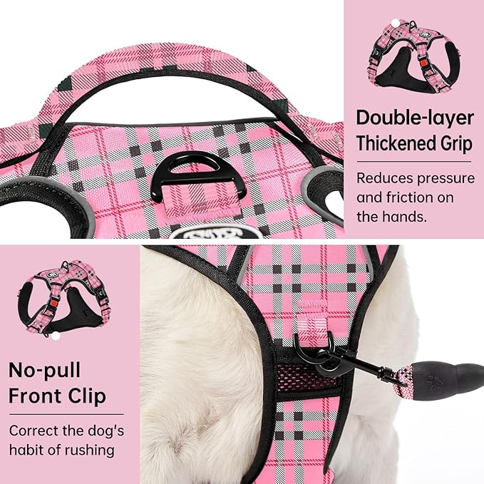 IVY&LANE No Pull Dog Harness with Leash Set, Reflective No Choke Pet Vest,Adjustable Oxford Dog Vest Harness with Easy Control Handle for Large Dogs (Checkered Pink,L)